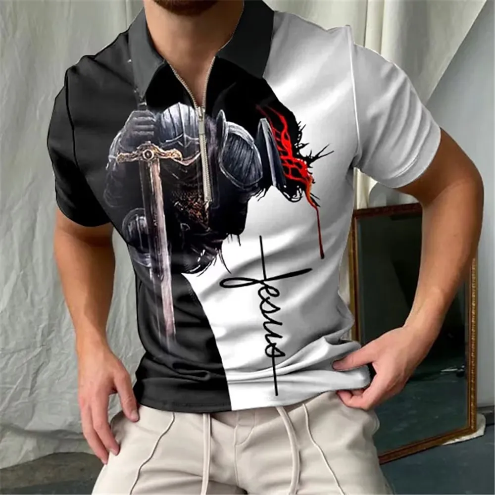 

Men's Business Zip Polo Shirt Casual Tops Golf Clothing Jesus Pattern 3D Print Simple Fashion Polo Shirt Printed Pullover