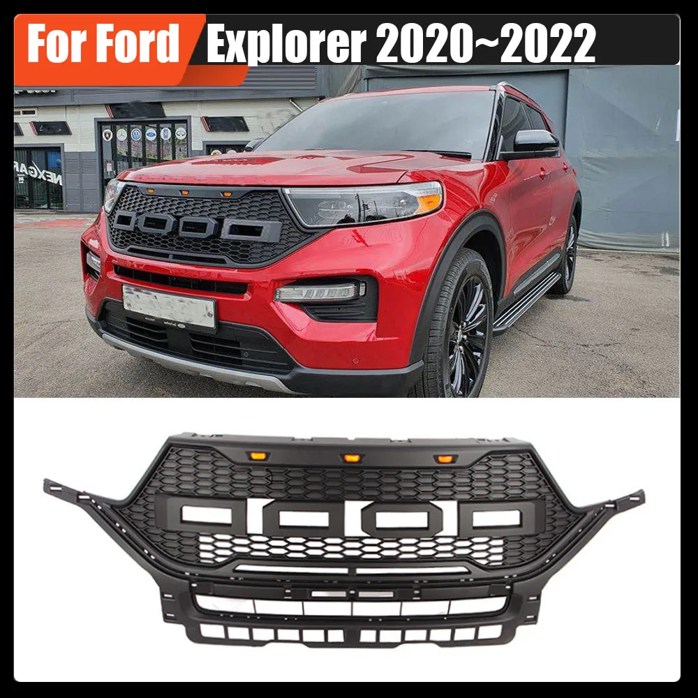 

For Ford Explorer 2020~2022 Suv Auto Front Bumper Grille Grey Or Matte Black Hood Grill Car Upper Grill With LED Lights