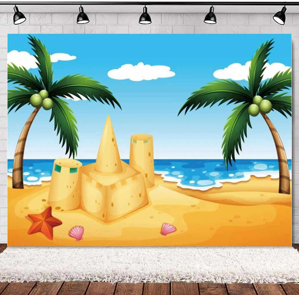 

Cartoon Beach Photography Backdrop Summer Party Seaside Coconut Tree Seashell Sand Background Banner Decor Baby Photo Booth