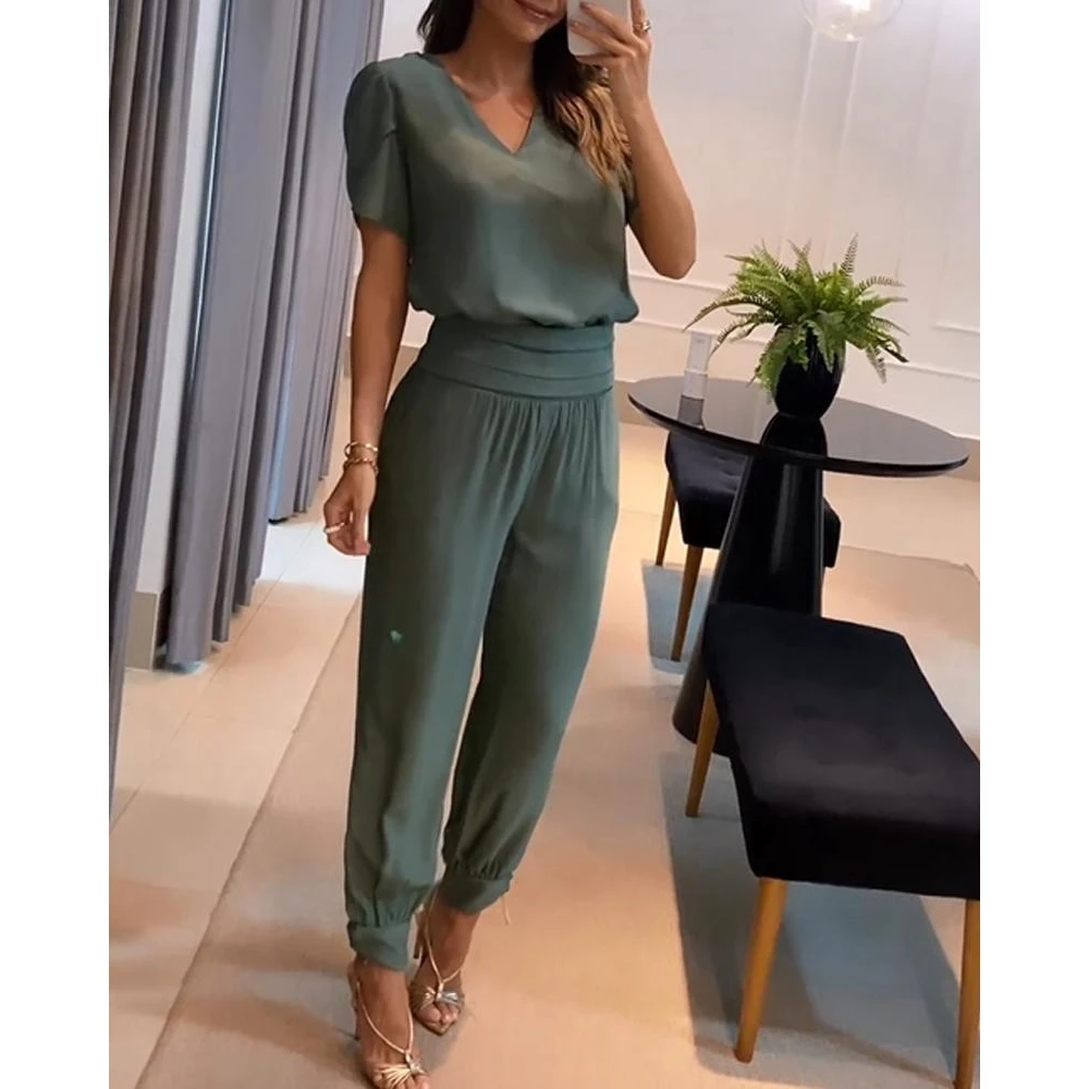 Women Puff Sleeve V-Neck Short Sleeve Top & High Waist Cuffed Pants Set Casual Femme Fashion Two-Piece Set Woman Outfits Clothes