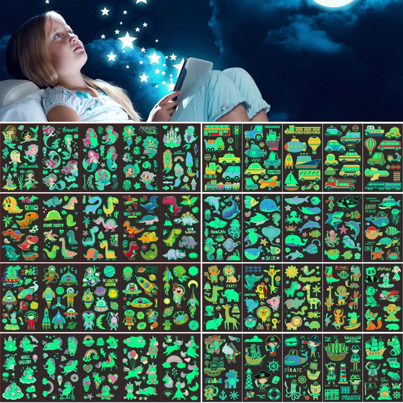 Тату-наклейки светящиеся детские временные фейковые татуировки с блеском на лице, руках и ногах для детей искусство тела наклейка русалка.