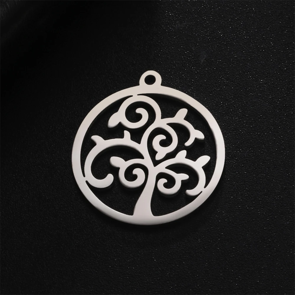 5pcs/Lot Stainless Steel Hollowed Tree Pendants Components For Jewelry Making Round Charms Accessories For Necklace Bracelet Diy