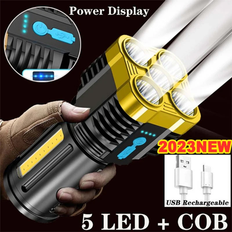 

5LED Flashlight Powerful Portable Spotlight Outdoor COB Side Light Waterproof Rechargeable USB Torch 4 Modes Searchlight