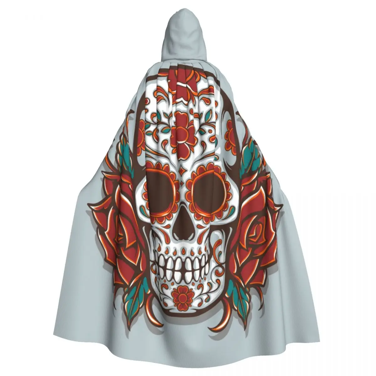 

Unisex Witch Party Reversible Hooded Adult Vampires Cape Cloak Sugar Skull With Roses