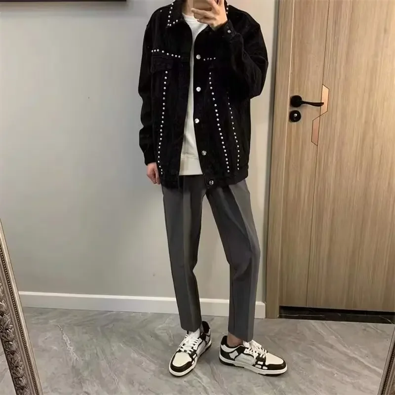 Модная джинсовая куртка в стиле хип-хоп с жемчужными лацканами для мужчин и
