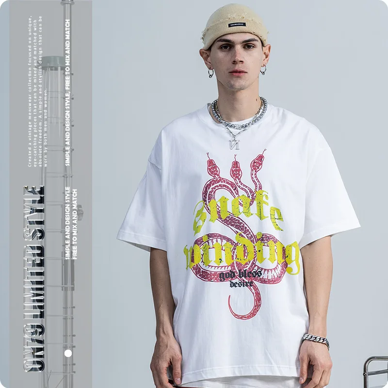 

Fashion Brand Men's Clothing American Style Retro Dark Snake Print National Fashion Short Sleeve Loose Men's T-shirt Men Women