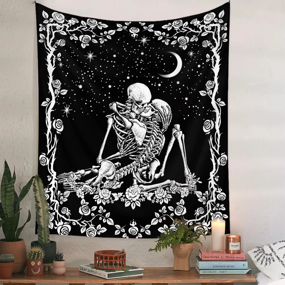 

Черный гобелен с изображением черепа, Пары цветов, художественный гобелен, настенное украшение для гостиной, спальни, общежития, вечевечерн...