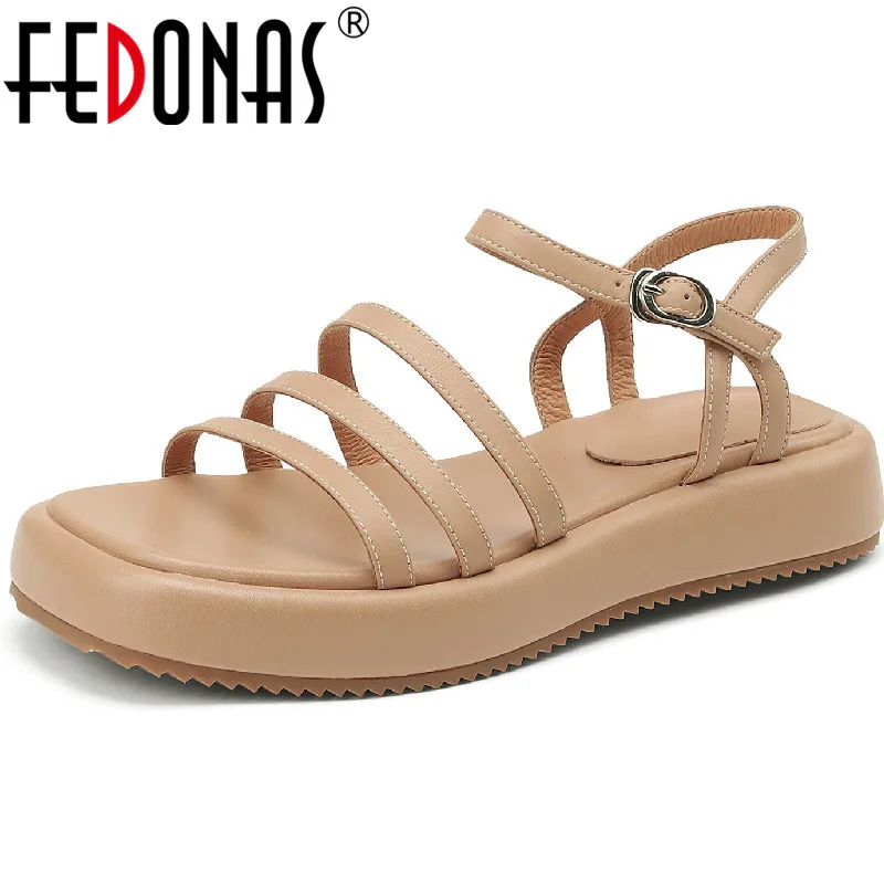 

FEDONAS High Quality Genuine Leather Women Sandals Fashion Concise Narrow Band Casual Flat Platforms Shoes Woman Summer Newest