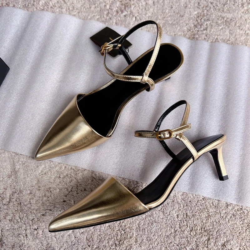 Elmsk England Style Office Lady Retro Pointed Toe Stiletto Sandals Women Fashion Elegant Genuine Leather Shoes