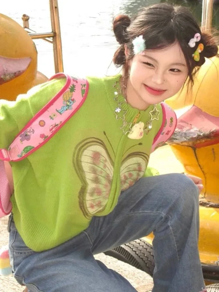 Y2k жаккардовый кардиган с бабочками на молнии Женский вязаный в Корейском стиле