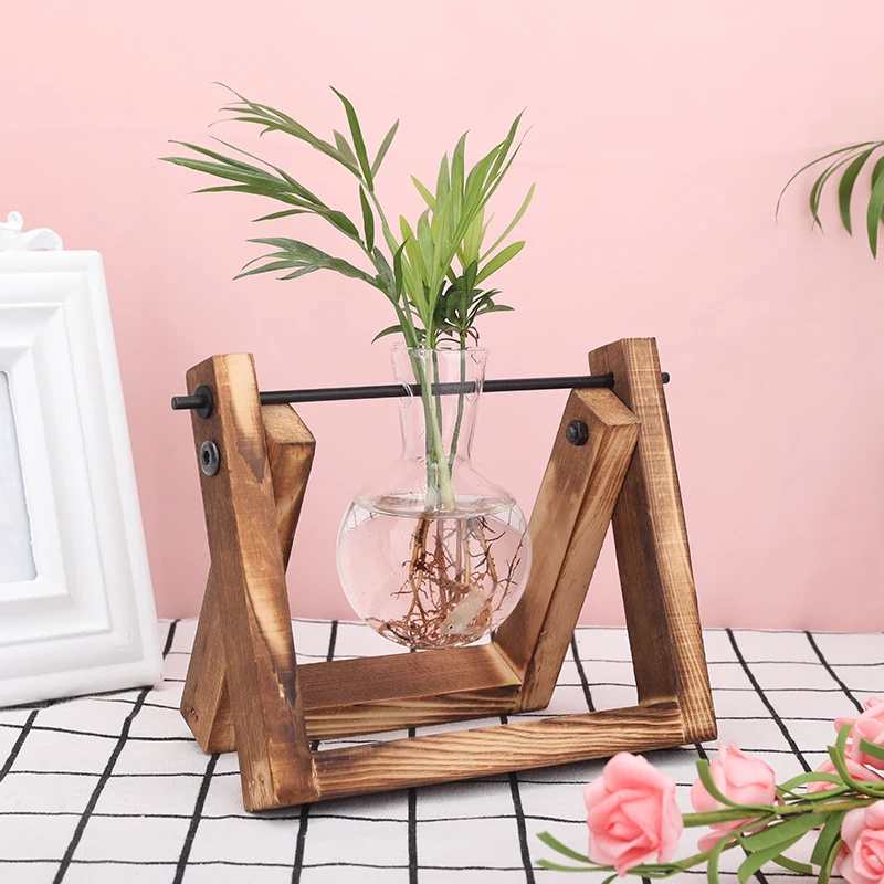 

Terrarium Creative Hydroponic Plant Transparent Vase Wooden Frame Vase Decoration Glass Tabletop Plant Bonsai Decor Flower Vase