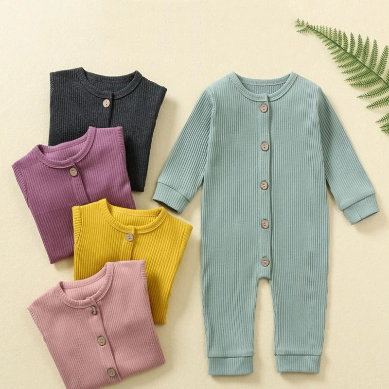 Newborn Baby Boy Girl Clothing One-Piece Long Sleeve Button Style Ribbed Jumpsuit 3-12 Months Baby Romper