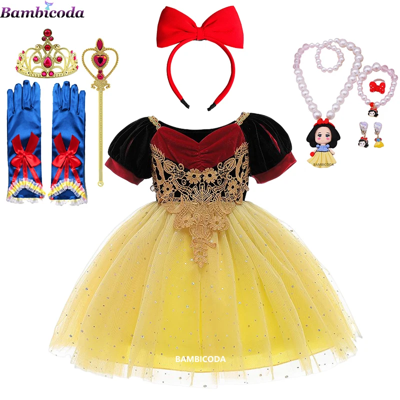 

Snow White Dress Girls Princess Puff Sleeve Deluxe Prom Party Gown Fairy Frock Girls Infant Dress Kids Halloween Cosplay Costume