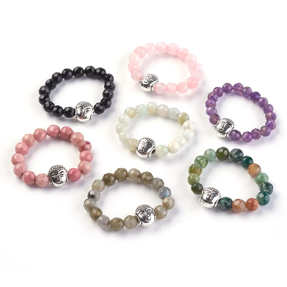 

15pcs Bohemian Natural Rhodochrosite Amethysts Stone Rings for Women Alloy Buddha Beads Stretch Rings Jewelry Gifts Adjustable
