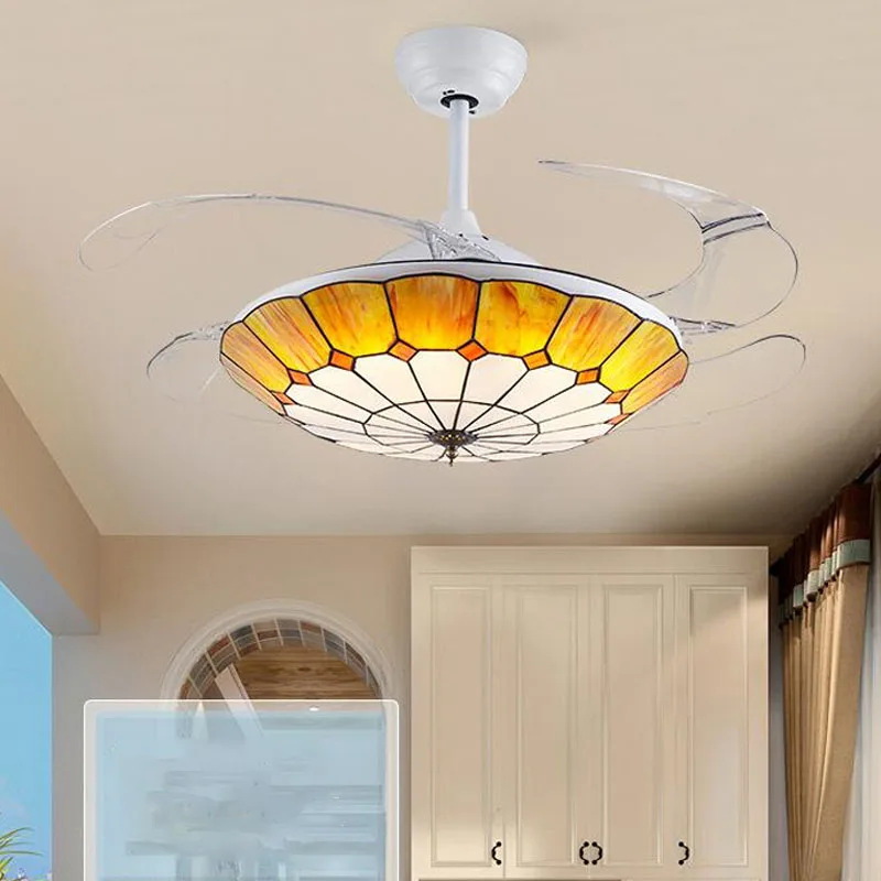 

Chandelier Modern Led Ceiling Fans With Lighting Art Lamp Retro Ceiling Remote Control Hanging Classic Color Glass Pendant Light