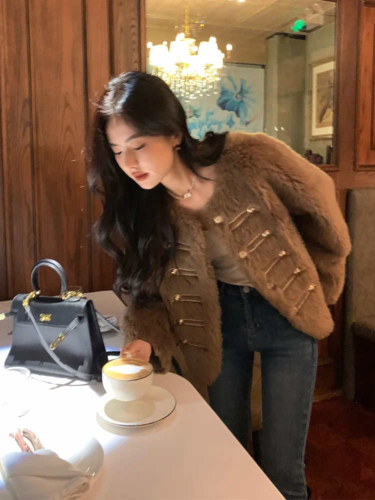 

New Autumn/Winter 2022 Vintage Round Neck Sheep Trimmed Fur Coat Lady Lamb Short Fur Coat