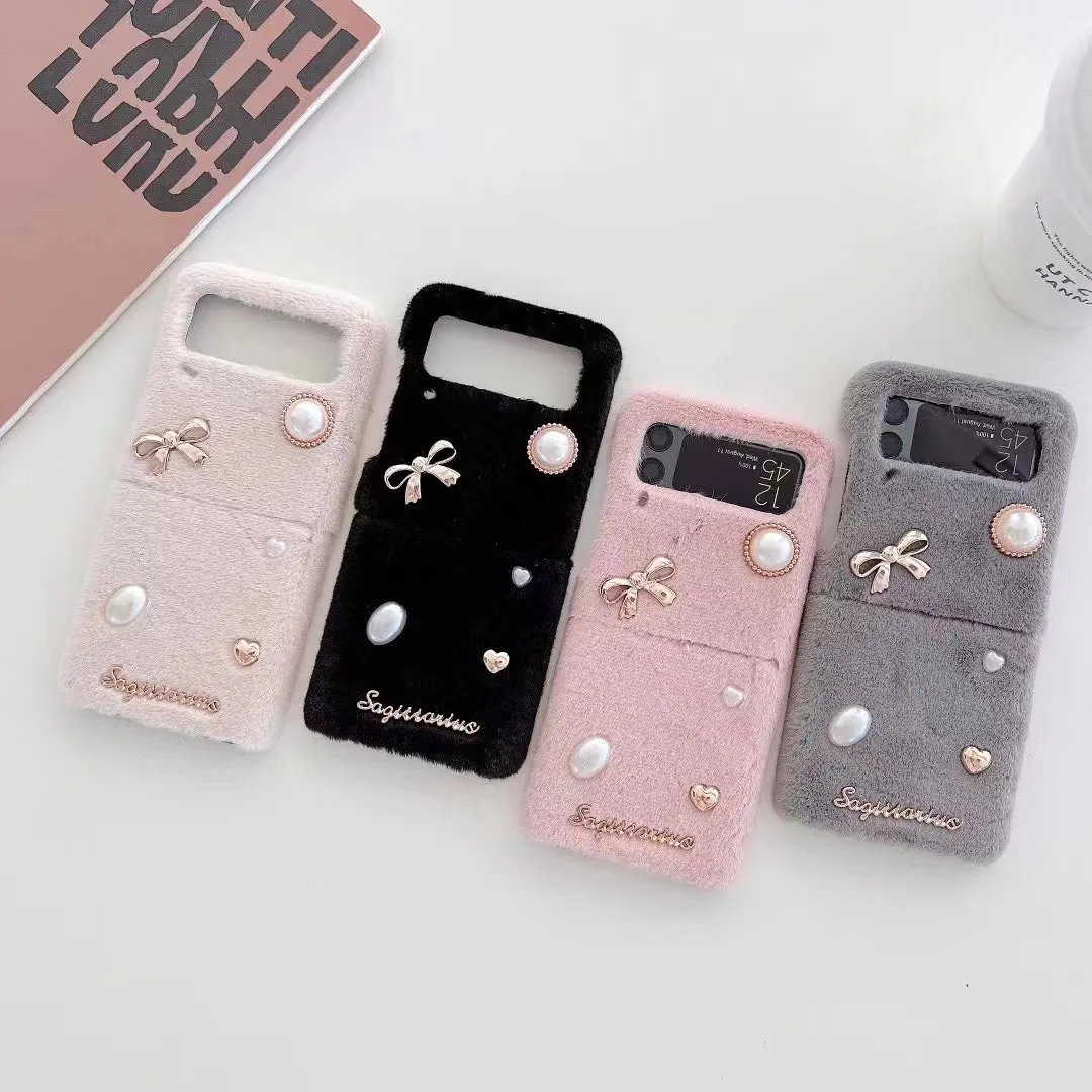 

5pcs Luxury Pearl Plush Case for Samsung Galaxy Flip 1 2 3 Fold Screen Protect Cover Butterfly Furry Case for Women lady
