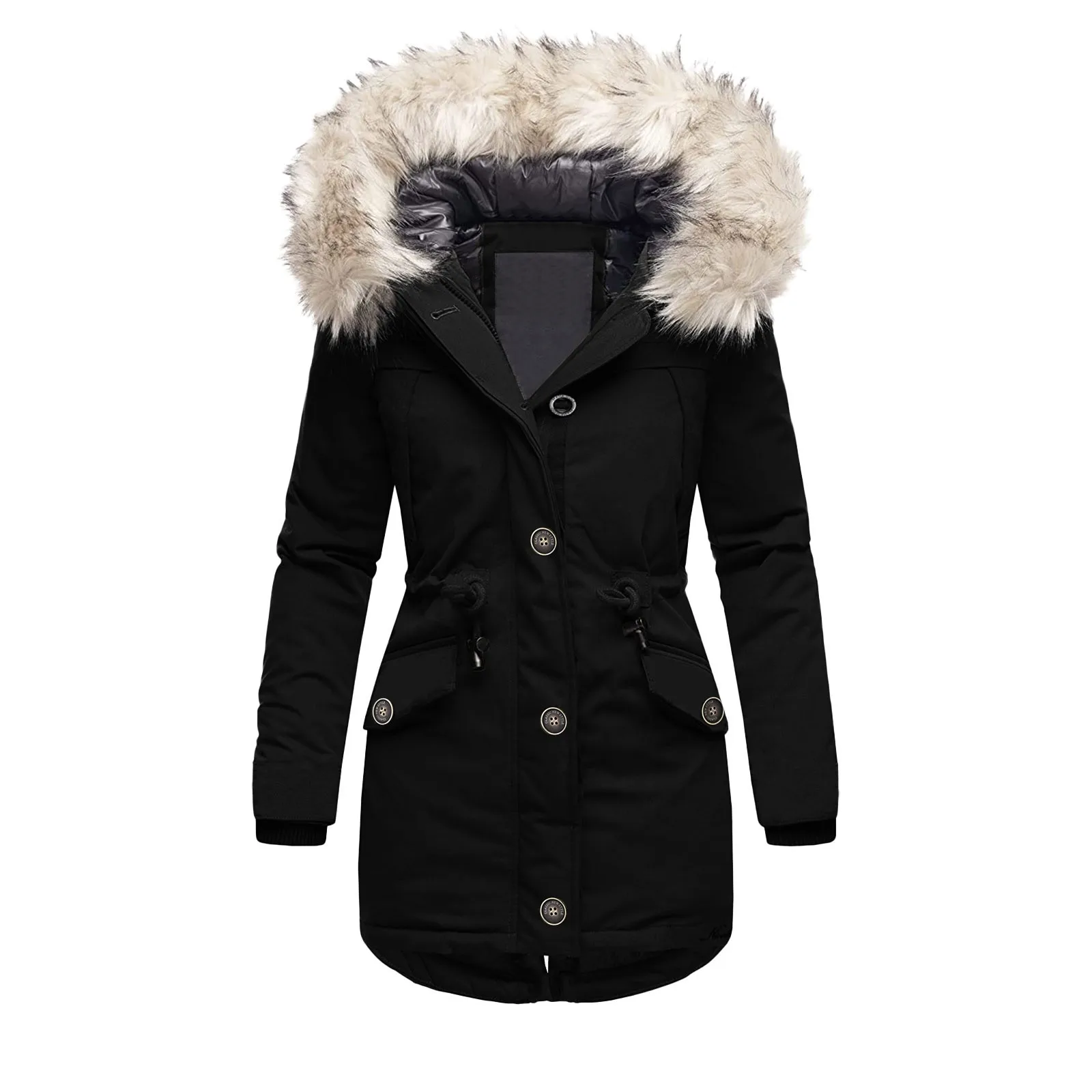Winter New Cotton Coat with Thickened Wool Collar and Warm Cotton Coat with Lace up Waist Wrap Coat for Women's Cotton Coat