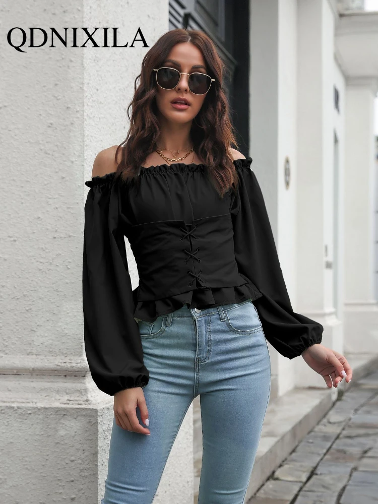 Новая короткая женская блузка с рукавами-фонариками и воротником на талии