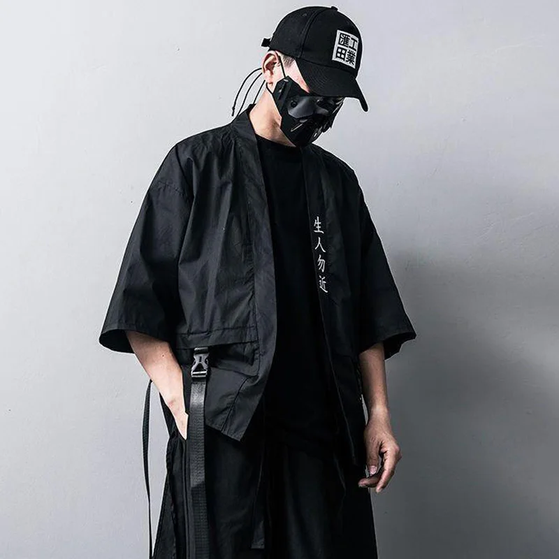 Японская мода мужские Taoist халаты Techwear Повседневный Кардиган с коротким рукавом