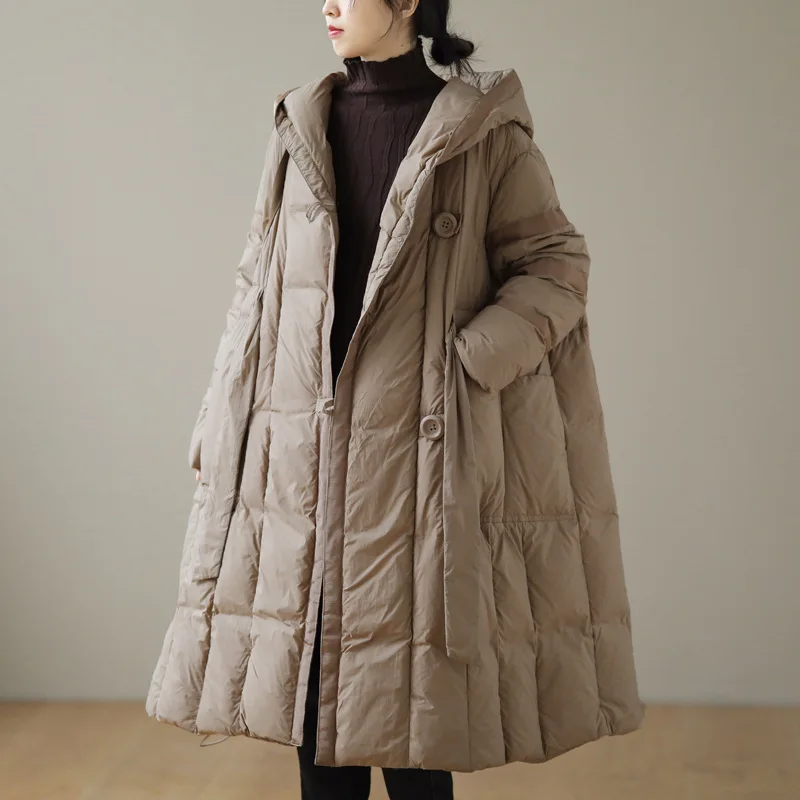 Winter New Down Jacket Solid Colour Two Buckle Lacing Jacket Long White Duck Down Loose Hooded Warm Thickened Cotton Jacket