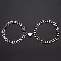 2pcs punk couple bracelet silver color women mens hand chain stainless steel color romantic magnet friendship bracelets fashion