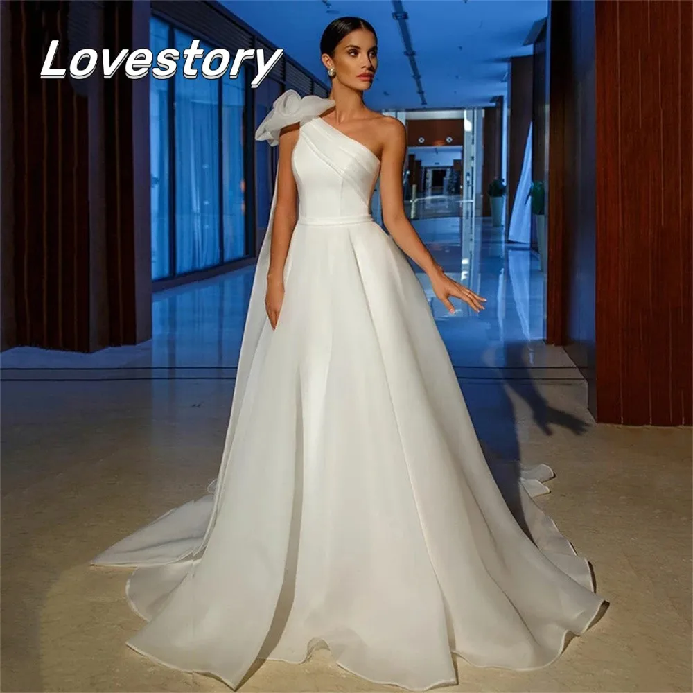 

Elegant A Line Ivory One Shoulder Organza Wedding Dresses Backless Newest Bridal Gowns Sleeveless Bride Robes Vestidos De Novia