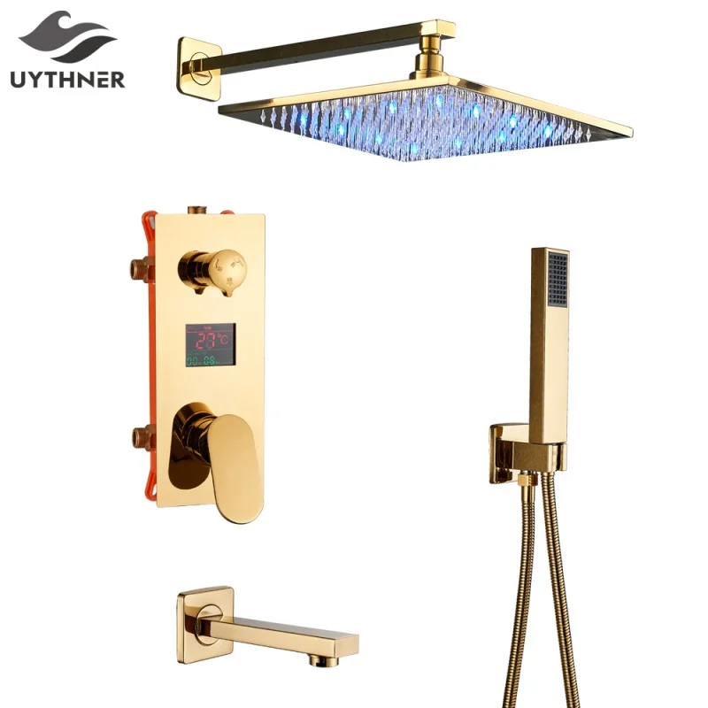 

Bathroom Shower Faucet 3-Functions Gold Digital Display Shower Set Rainfall LED Head 3-Way Bath Mixer Tap Shower System