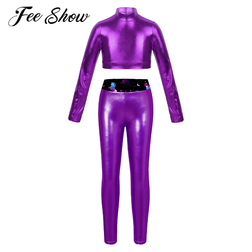 

Kids Girls Metallic Gymnastics Outfits Yoga Tracksuits Long Sleeve Crop Top with Mid Waist Leggings for Dance Stage Performance