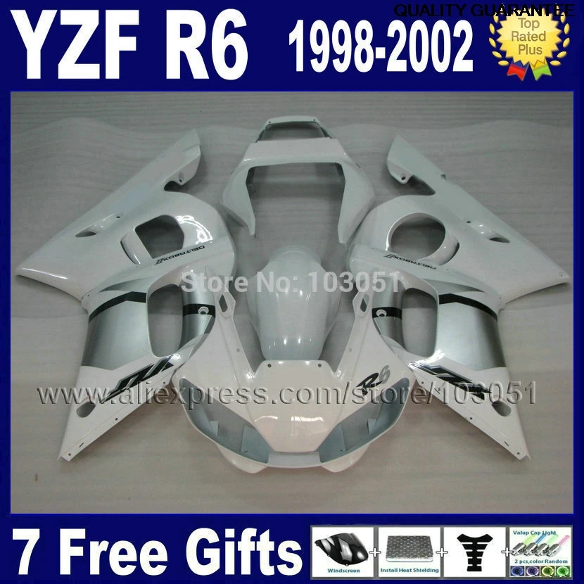 

Обтекатели для YAMAHA R6 1998 1999 2000 2002, белый, серебристый YZF R6 98 99 00 02, запасные части для обтекателя кузова мотоцикла