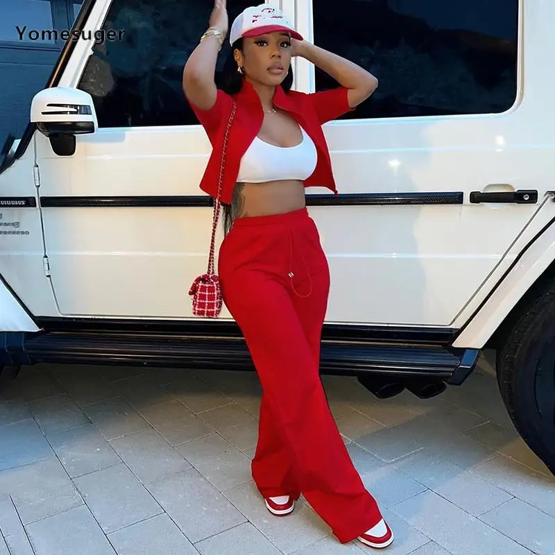 

Yomesuger Casual Street 2 Piece Set Women Solid Short Sleeve Zip Up Top and Drawstring Straight Pants Match Fall 2023 Tracksuits