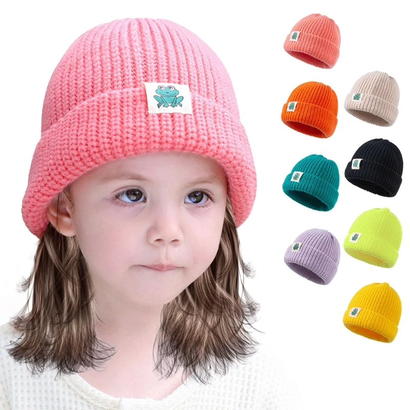 

Autumn Winter Solid Color Baby Knitted Hat Kids Girls Boys Frog Cloth Label Beanies Warm Soft Casual Hemming Hat
