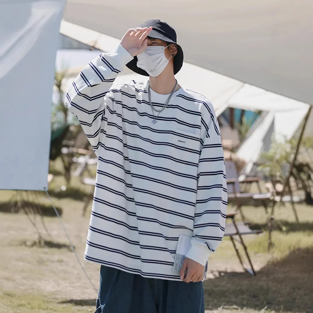 Модная полосатая футболка с длинными рукавами в гонконгском стиле уличная