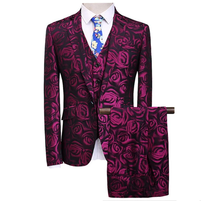 

(Jacket+Vest+Pants) 2022 Floral Three Piece Suit Men's Slim Fit Rose Flower Pattern Wedding Party Prom Suits Set 4XL 5XL