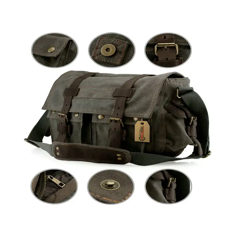 Men's Classic Black Leather Vintage Canvas and Satchel Military School Shoulder Messenger Bag - Stylish & Durable.