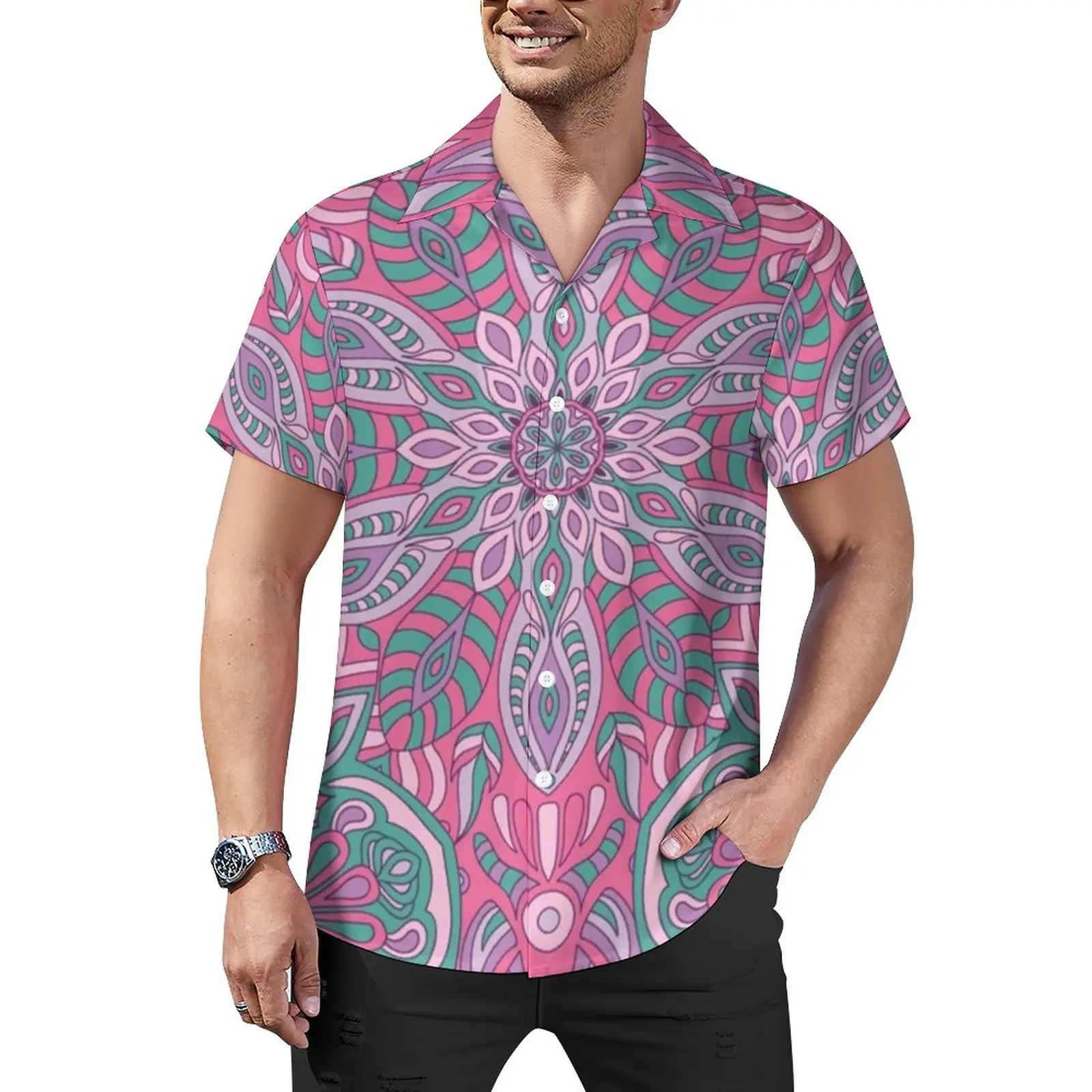 

Retro Bohemia Print Casual Shirt Pink Mandala Vacation Loose Shirt Hawaiian Streetwear Blouses Short Sleeve Custom Oversize Tops