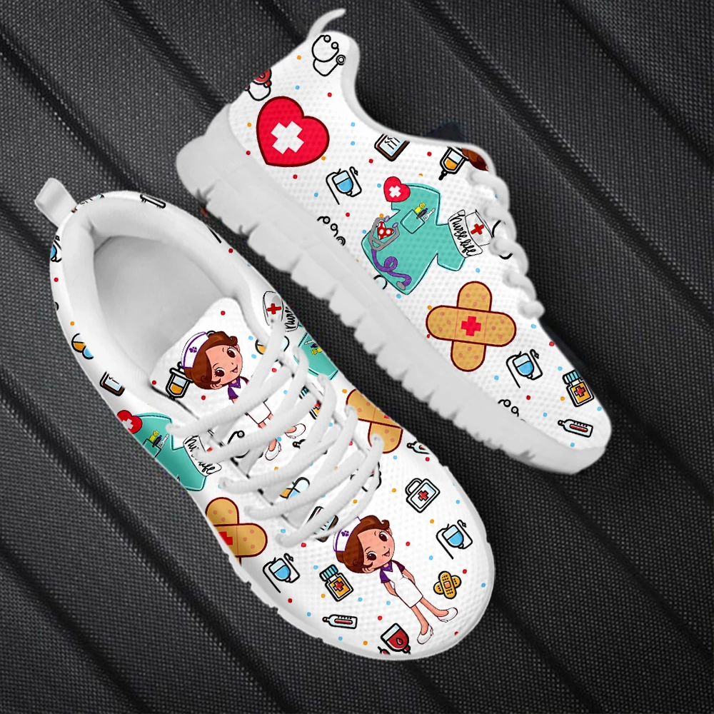 

INSTANTARTS Cute Nurse Medical Supplies Pattern Breathable Sneakers for Women Outdoor Lightweight Flat Shoes Girls Nurse Shoes
