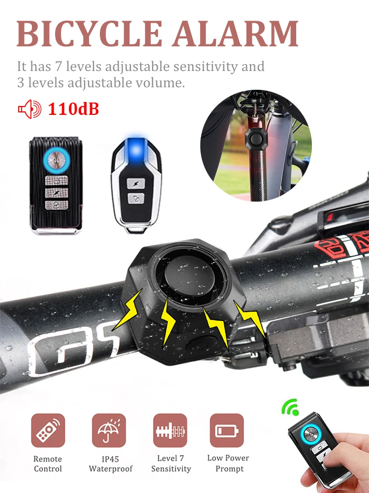 

Bicycle alarm Wireless Waterproof Bike Vibration Alarm 110dB Motorcycle Electric bike Security Burglar Alarm USB Charging