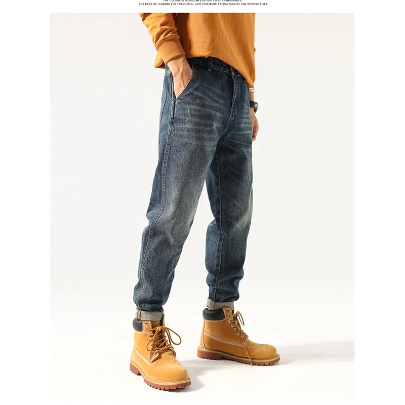 Streetwear Men New Pattern Vintage Recreational Blue Pants Straight Cylinder Comfortable Loose Temperament Jeans Autumn Female