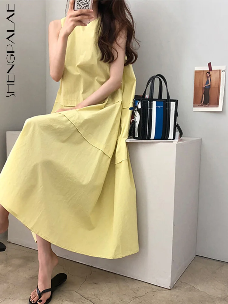 

SHENGPAIAE Large Swing Sleeveless Dress For Women Long Knee Length Loose Temperament A-line Yellow Tank Robe Summer 2022 5Q451