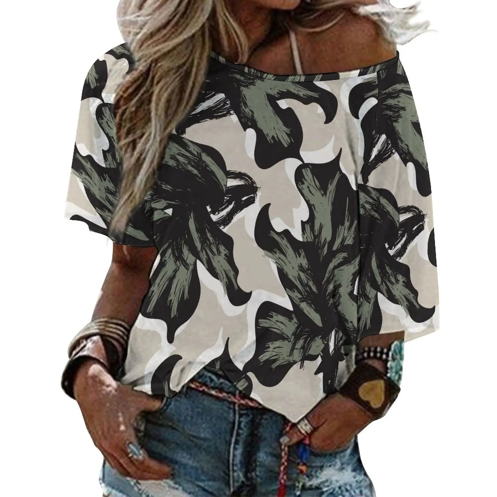 

Women'S Round Neck, Off Shoulder, Medium To Long Sleeved Sun Protection Suit, Short Sleeved Fashion Trend Top,Summer 2023