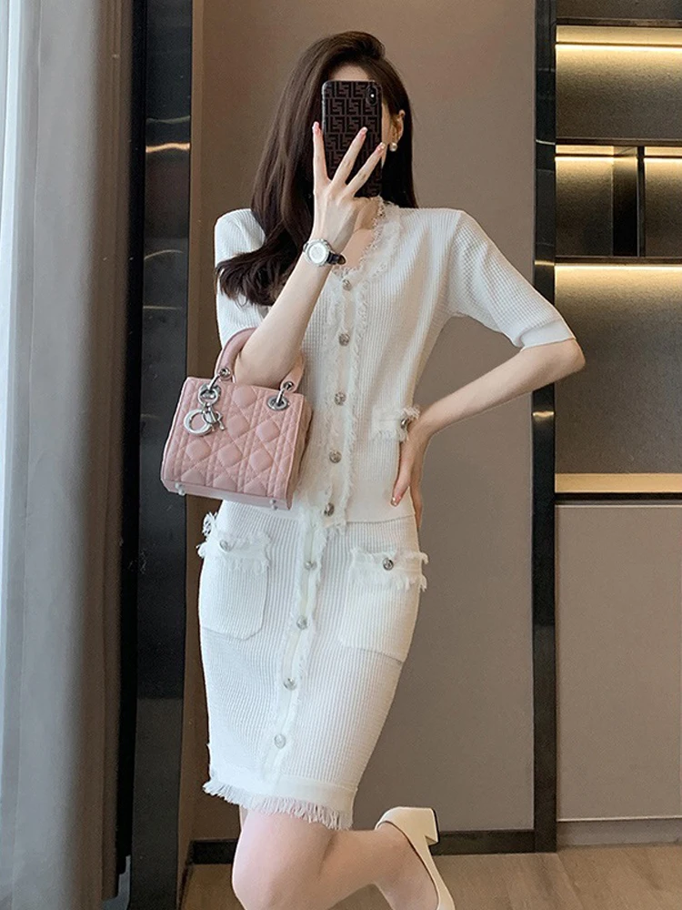 

Too Beautiful Special Craftsmanship Tassel V-neck Women Cardigan Half Sleeve Sweater Ash Hip Skirt Knitted White 2 Pieces Set
