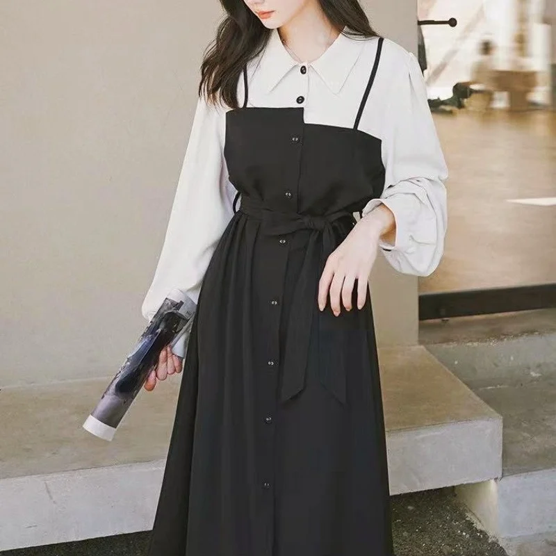 

Корейское модное черное платье миди, женское повседневное элегантное винтажное платье осень 2022, однотонное платье с длинным рукавом, дизай...