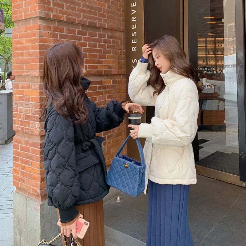 Autumn Winter New Stand Collar Solid Casual Velvet Overcoat Women's Fashion Short Lightweight Waist Tie Warm Down Jackets Coats