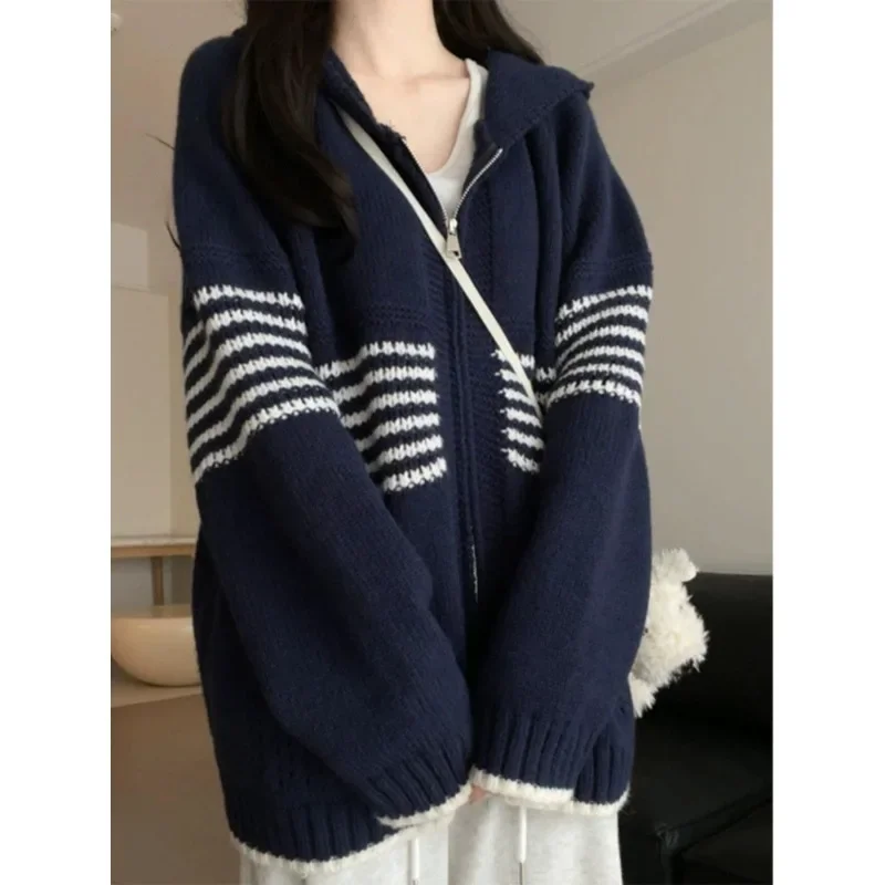 Женский вязаный кардиган в полоску с капюшоном Deeptown винтажный корейский модный