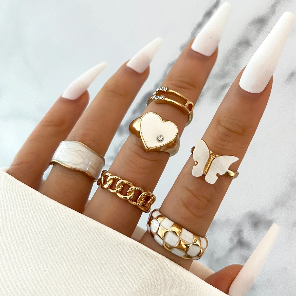 

Stillgirl 6Pcs Aesthetic White Butterfly Rings for Women Kpop Heart Vintage Crystal Set Gold Za Female Y2k Jewelry Anillos Mujer