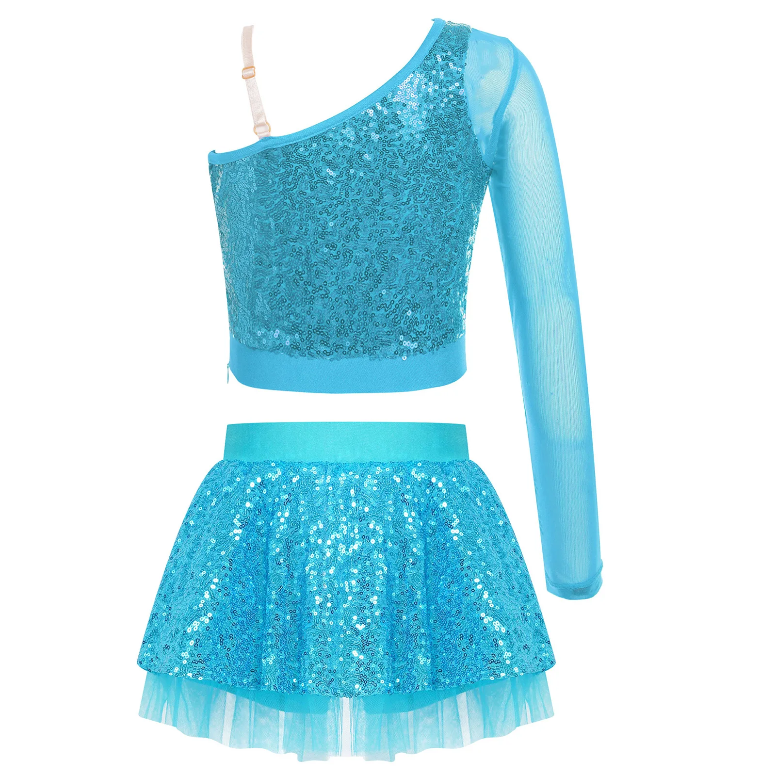 Детский костюм для девочек короткий топ на одно плечо с блестками и юбка оборками