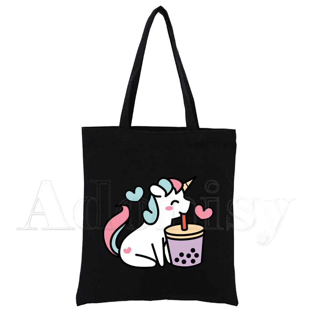 

Milk Tea Bubble Tea Fruit Juice Harajuku Art Shopping Black Bags Canvas Tote Bag Printed Cartoon Reusable Cloth Bag Custom