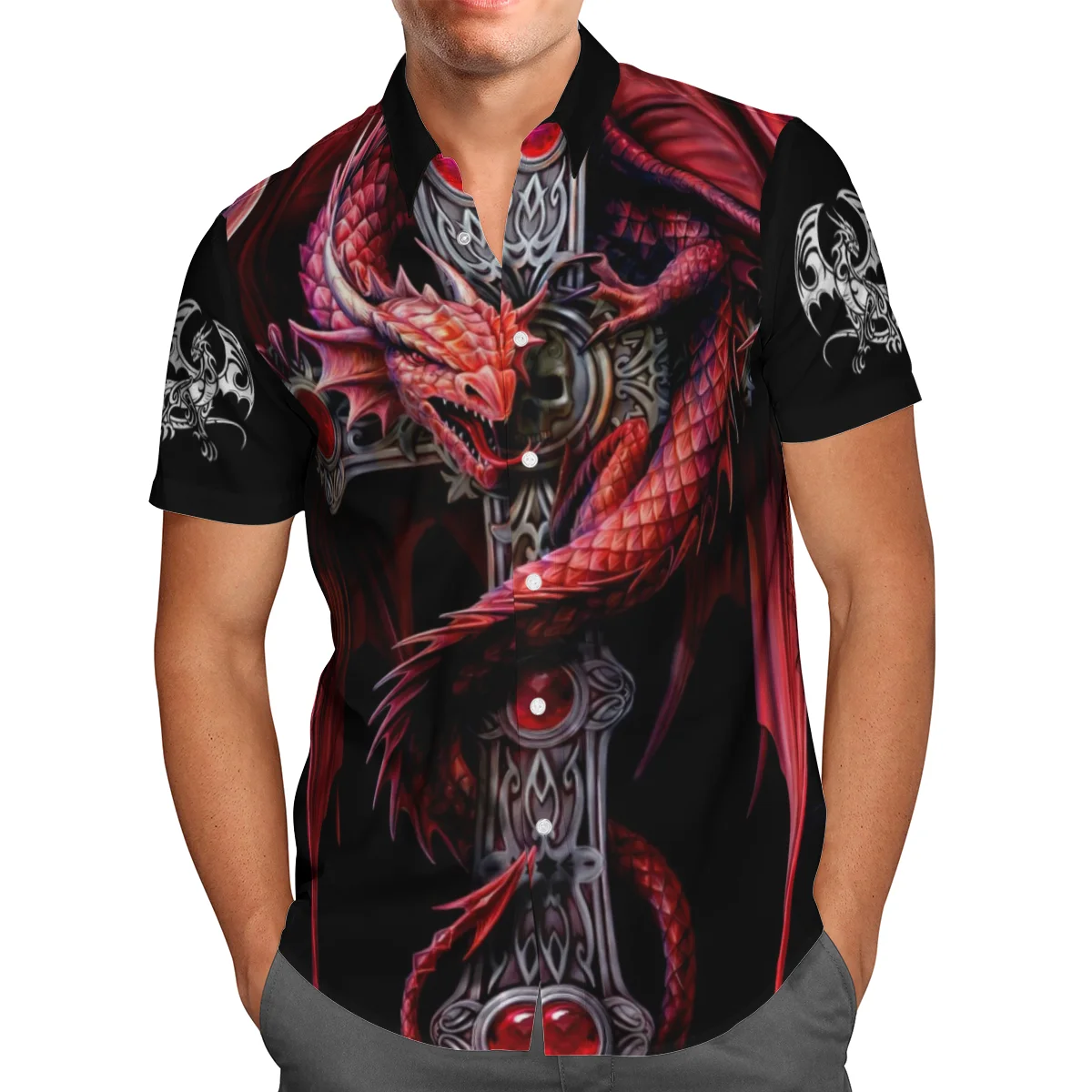 Men's 3d Dragon Print Fashion Animal Short Sleeve Top Loose Lapel Oversized Men's Shirt Retro Street