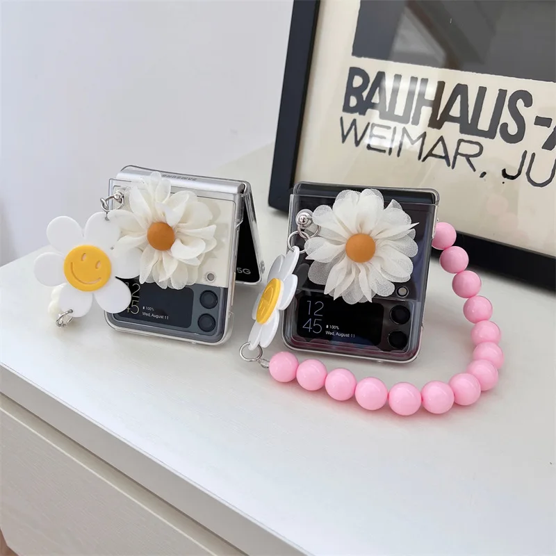 

Daisy Flower Beads Bracelet Phone Case for Samsung Galaxy Z Flip 3 Z Flip 4 Hard PC Back Cover for ZFlip3 ZFlip4 Case Shell